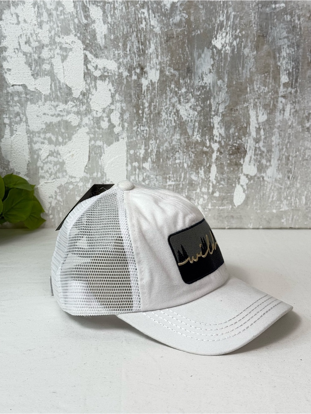 C.C White Wild Embroidered Criss Cross Ponytail Trucker Hat NWT - Picture 2 of 4